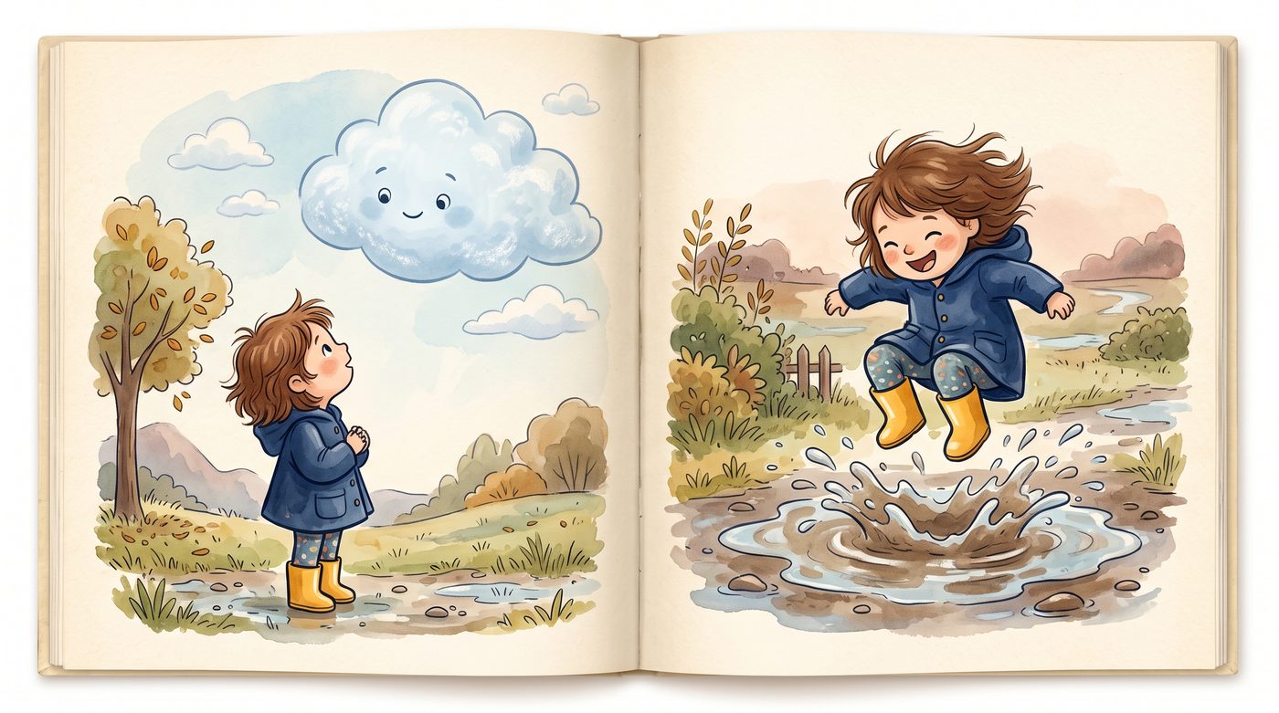Sample storybook spread: a child looking up at a friendly cloud, then jumping in a puddle.