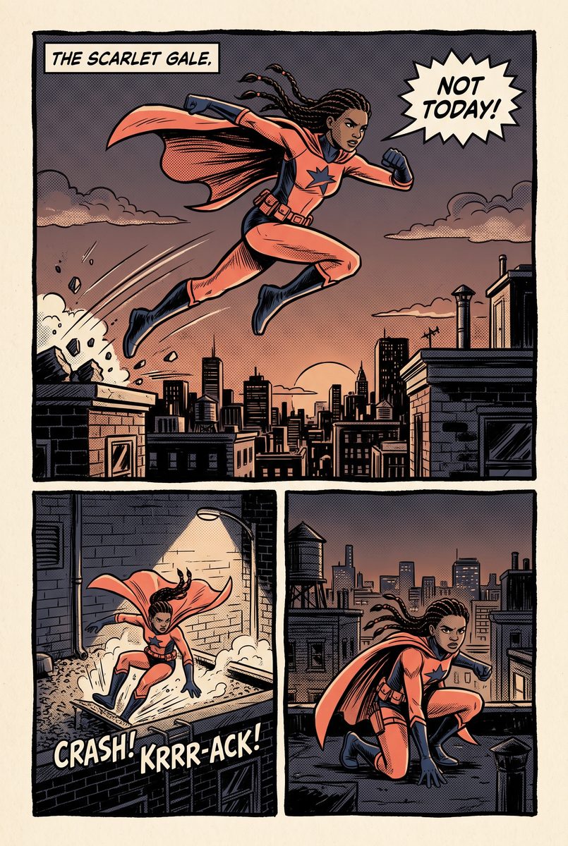 Sample comic page: an illustrated superhero leaping across a city skyline at dusk.