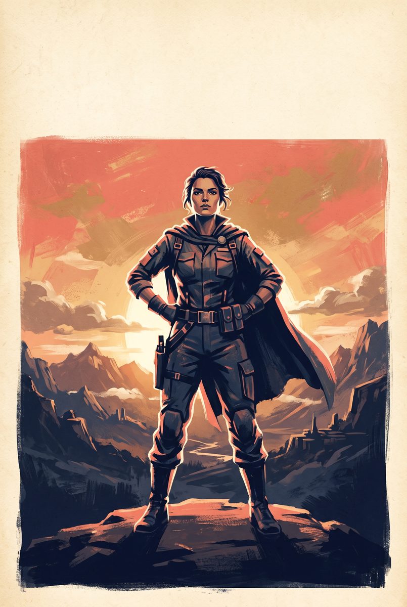 Sample hero poster: an illustrated figure standing against a dramatic sunset skyline.